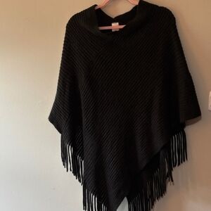 Black Knit Poncho with Fringe